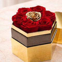 One in a Million™ Mirror Gold Hexagon Box | Red & Gold Roses