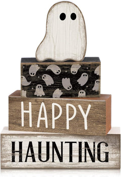 Lineshading 4 Pcs Pink Halloween Tiered Tray Decor, Wooden Ghost Signs