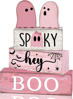 Lineshading 4 Pcs Pink Halloween Tiered Tray Decor, Wooden Ghost Signs