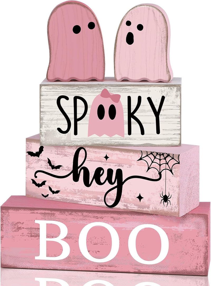 Lineshading 4 Pcs Pink Halloween Tiered Tray Decor, Wooden Ghost Signs